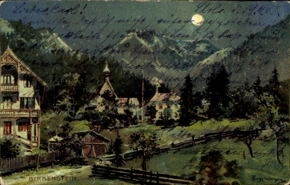 Postcard Birkenstein Fischbachau in Upper Bavaria, partial view, moonlight