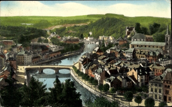 Postcard Bouillon Wallonia Luxembourg, panorama of Côte d'Anclin, river, bridge, historical buildings