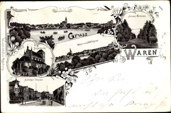 Litho Waren an der Müritz, Georgenkirche, Güstrower Straße, Blick auf Tiefwaren