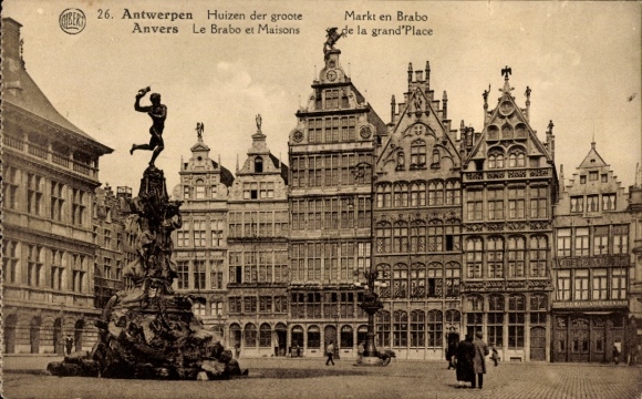 Ak Antwerpen Vlaanderen, Brabo standbeeld, gebouw, markt