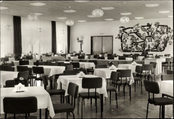 Postcard Seilershof Gransee in der Mark, dining room with white tables and chairs, decorative wall...