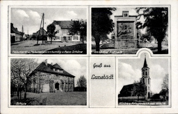 Ak Lunstädt Braunsbedra in Saalekreis, slagerij Franz Schöne, monument, school, kerk