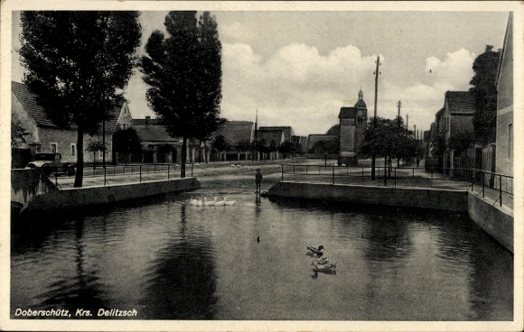 Ak Delitzsch in Sachsen, Fluss mit Enten, Bäume, Häuser, Doberschütz, Krs. Delitzsch
