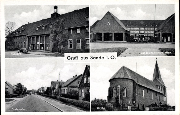 Postcard Sande in Friesland, train station, state hospitals, church, village street