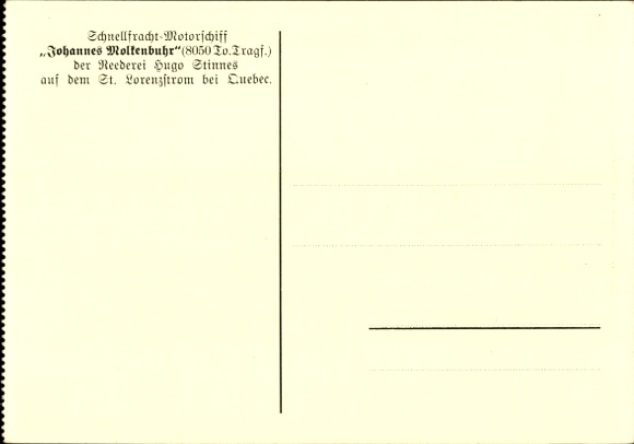 Snel vrachtschip Johannes Molkenbuhr, St. Lawrence rivier nabij Quebec, Hugo Stinnes Shipping Company