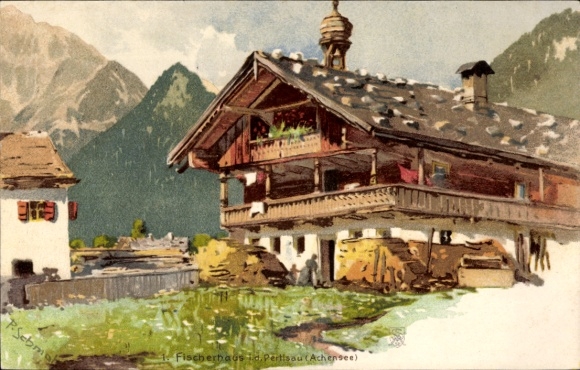 Artist Chromo-Litho Schmohl, P., Pertisau Eben Achensee Tirol, Fisherman's House