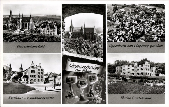 Ak Oppenheim am Oberrhein, Gesamtansicht, Rathaus u. Katharinenkirche, Flugzeugsicht, Ruine Lands