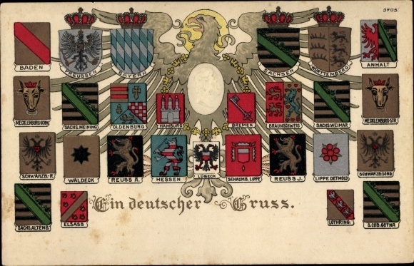 Embossed Coat of Arms Chromo-Litho A German Salute, Kaiser Wilhelm II, Anhalt, Saxony, Hamburg, Bavaria