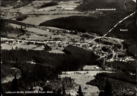 Postcard Bayerisch Eisenstein in the Bavarian Forest of Lower Bavaria, aerial photograph, border