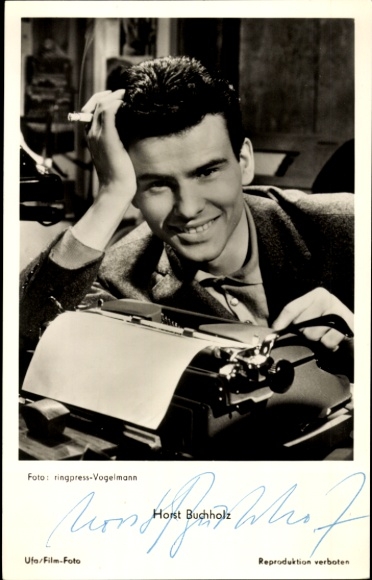 Postcard actor Horst Buchholz, portrait, typewriter, autograph