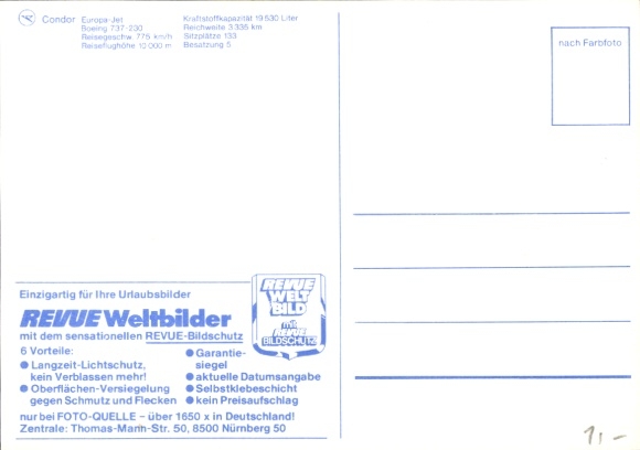 Postcard passenger aircraft Condor, Boeing 737-230 Europa-Jet