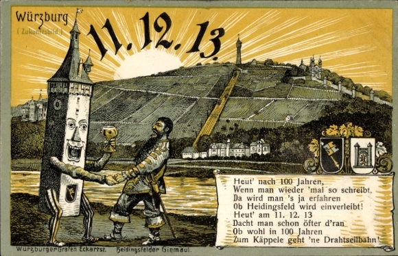 Postcard Würzburg am Main Unterfranken, image of the future, humanized tower, date 11.12.13