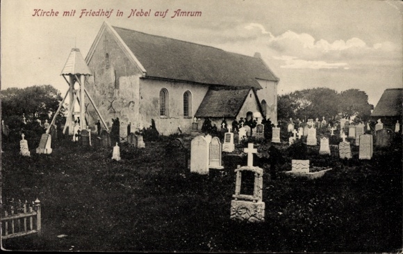 Postcard Island of Amrum in North Frisia, church with cemetery in Nebel