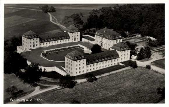 Postcard Weilburg an der Lahn Hesse, aerial view of a building complex, rural surroundings