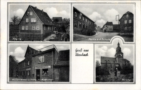 Postcard Utenbach Apolda in Weimarer Land Thuringia, parish, church, school, grocery store Krähmer