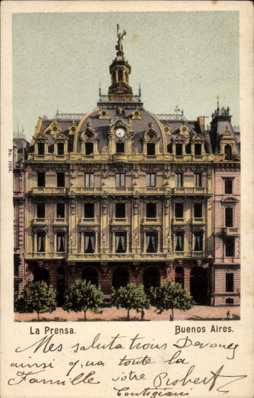 Postcard Buenos Aires Argentina, La Prensa, building with clock, statue,