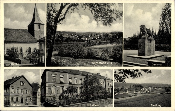 Postcard Helmstadt in Baden, church, monument, town hall, school building, panorama
