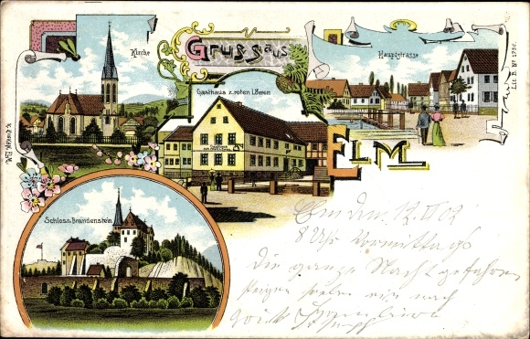 Chromo-Litho Elm Schluechtern in the Main Kinzig district, church, Brandenstein Castle, inn at the red lion