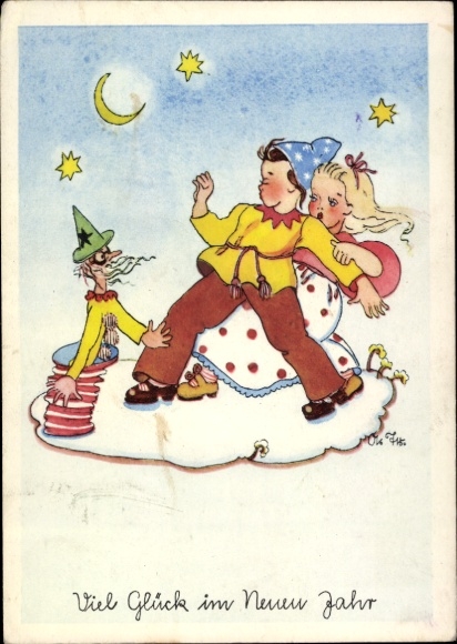 Artist Postcard Happy New Year, children, stars