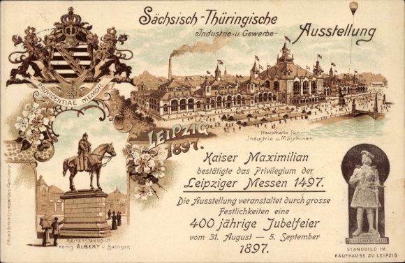 Wapenschild postwaardestuk litho Leipzig, Saksisch. Thüringen. Industriële en commerciële tentoonstelling 1897, grote hal