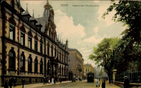 Postcard Gera in Thuringia, Imperial Main Post Office, Tram