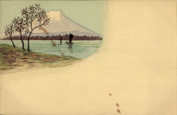 Hand-painted ak panorama, snowy mountain, sailboats