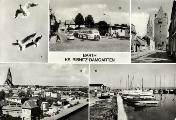 Postcard Barth on the Baltic Sea, bus station, Rudolf Breitscheid Strasse, sailing boat harbour