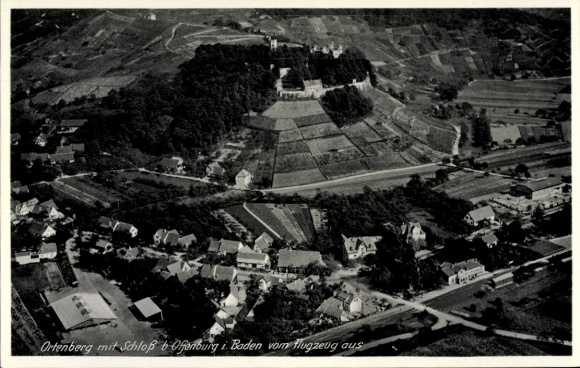 Postcard Ortenberg in Hesse, aerial view of castle, landscape, houses