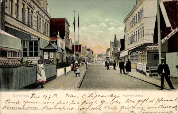 Postcard North Sea resort Norderney Ostfriesland, Friedrichstraße, shops, cold cuts advertising