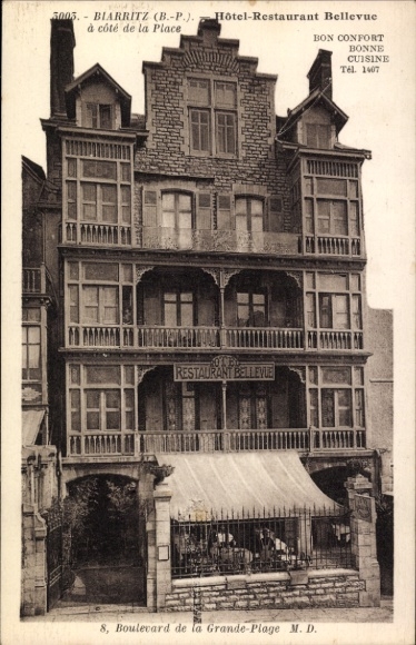 Ak Biarritz Pyrénées Atlantiques, Hotel-Restaurant Bellevue, an der Grande-Plage, gute Küche, Ter