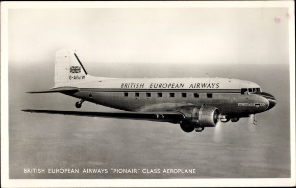 Postcard British passenger aircraft, British European Airways, Douglas DC 3, Pionair, G AGJW