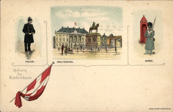 Litho Kopenhagen Dänemark, Schloss Amalienburg, Polizist, königliche Garde