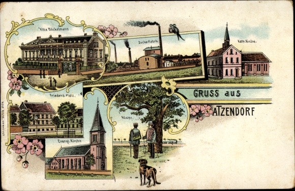 litho Atzendorf Staßfurt Salzlandkreis, Villa Böckelmann, suikerfabriek, katholieke kerk, Friedensplatz