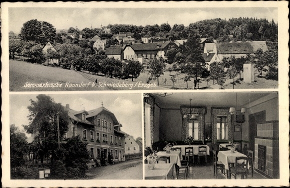 Postcard Schmiedeberg in the Ore Mountains, partial view, Gasthof Naundorf, exterior and interior view