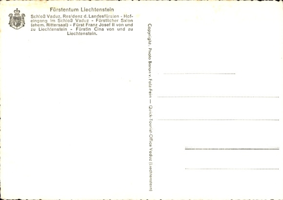 Postcard Principality of Liechtenstein, Vaduz Castle, Prince Franz Josef II, Princess China