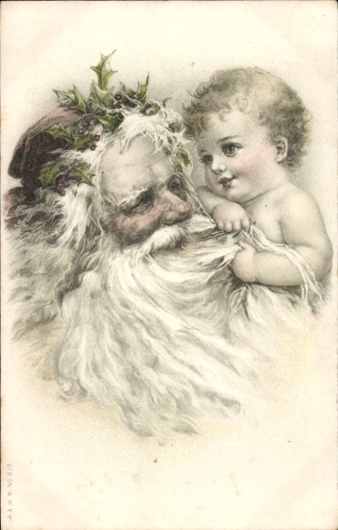 Ak Weihnachten, Weihnachtsmann und Kind, Porträt, Stechpalme