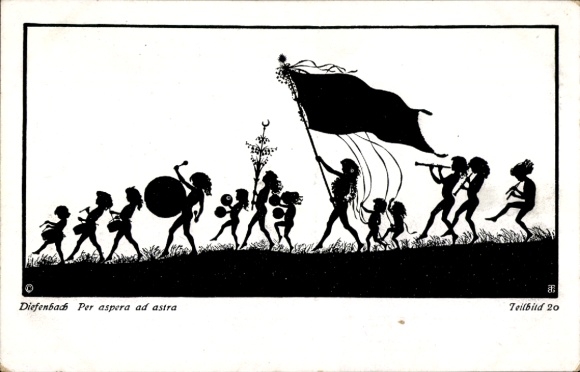 Paper cutting artist Postcard Diefenbach, Per aspera ad astra, procession, partial image 20