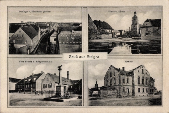 Ak Steigra in de Saalekreis, parochie, kerk, herberg, school, oorlogsmonument