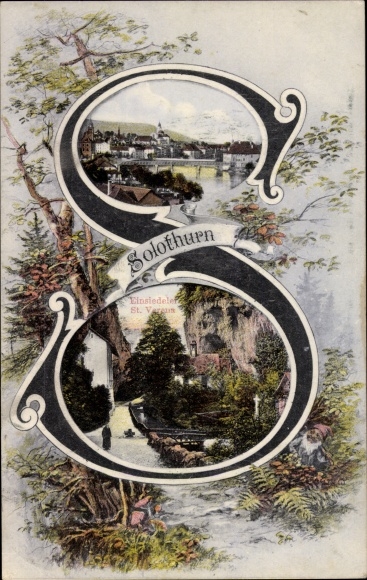 Letter Postcard Solothurn Stadt Schweiz, letter S, total view, Sankt Verena hermitage