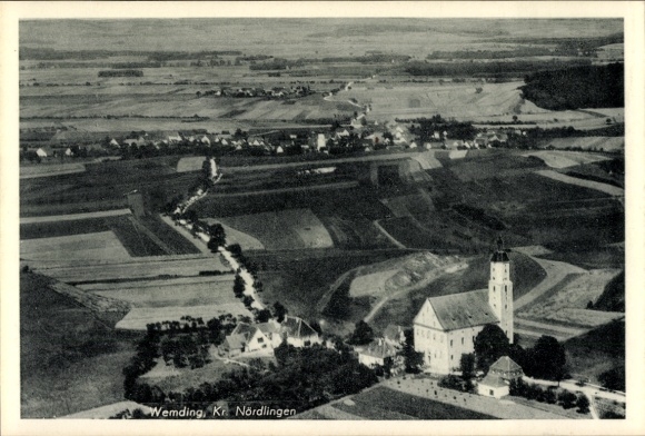 Postcard Wemding in Swabia, landscape photo of church, fields, trees