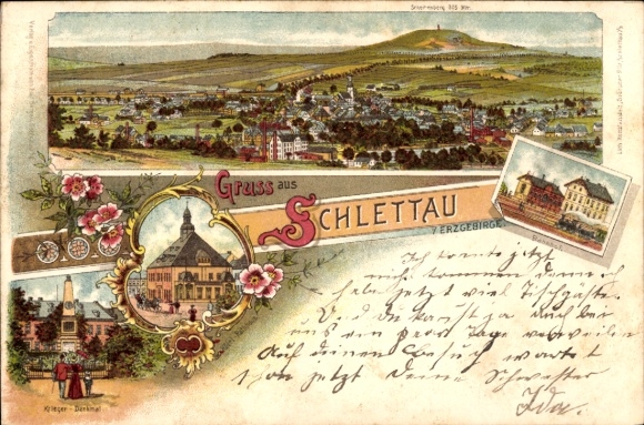 litho Schlettau in het Erzgebirge, algemeen beeld, treinstation, oorlogsmonument, stadhuis