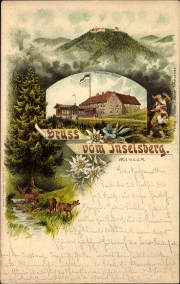 Litho Brotterode Trusetal in Thüringen, Inselsberg, Preußischer Gasthof, Zwerge, Edelweiß