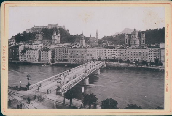 Cabinet photo Salzburg in Austria, city bridge, city and fortress