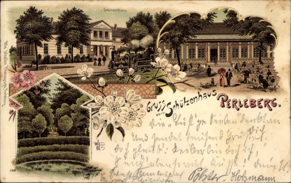Chromo-Litho Perleberg in the Prignitz, Schützenhaus, steam locomotive, garden area