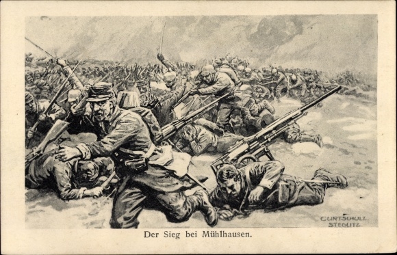 Kunstenaarskaart Schulz Steglitz, Curt, De overwinning in Mühlhausen, slagveld, soldaten, WOI
