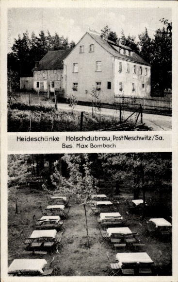 Ak Holschdubrau Neschwitz in Sachsen, Heideschänke, Holschdubrau, Max Bombach, Außenansicht, Gast