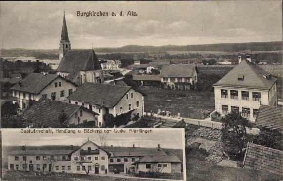 Postcard Burgkirchen an der Alz Upper Bavaria, panorama, inn, shop and bakery