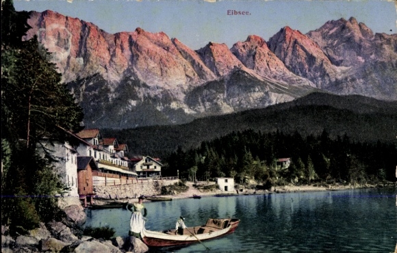 Postcard Grainau in Upper Bavaria, Eibsee, mountain landscape, lake, boats, houses, forests