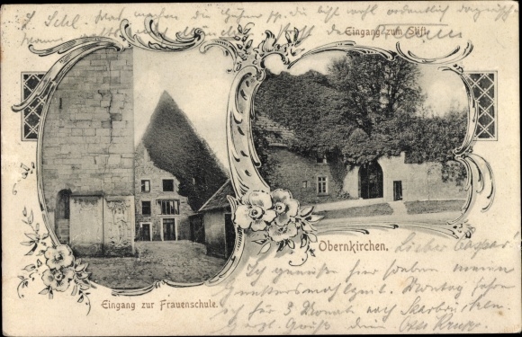 Postcard Obernkirchen in Schaumburg, women&#39;s school, pen