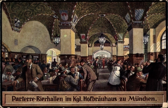 Artist Postcard Quidenus, Fritz, Munich Bavaria, Hofbräuhaus, parterre beer halls
